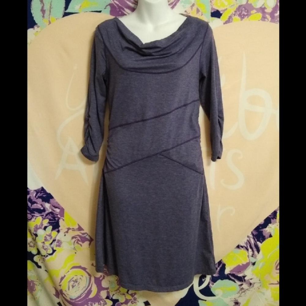 Athleta heathered blue jersey knit draped collar 3/4 sleeve casual dress